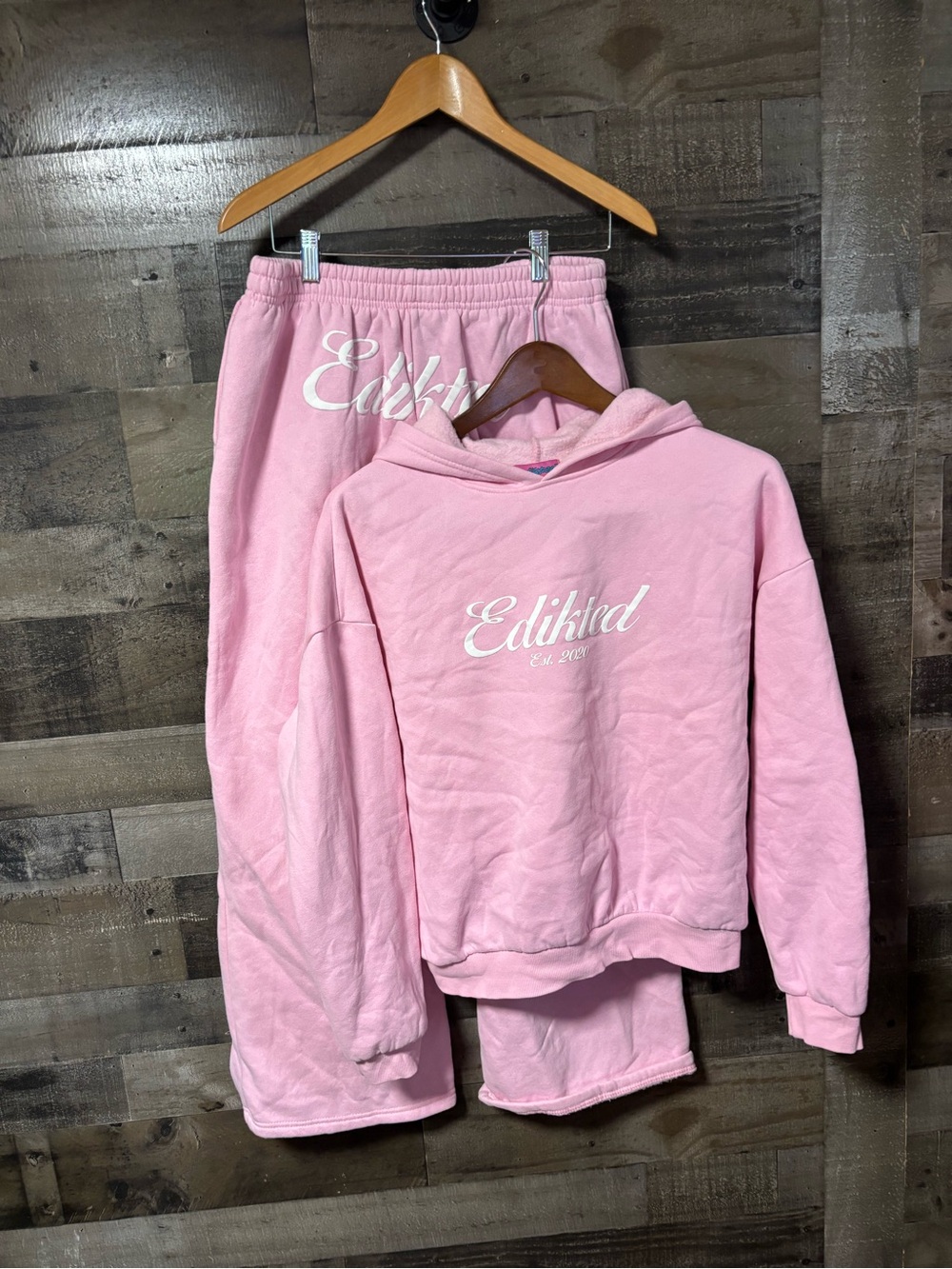 Edikted Pink Hooded Sweatshirt & wide Leg Joggers Set Med